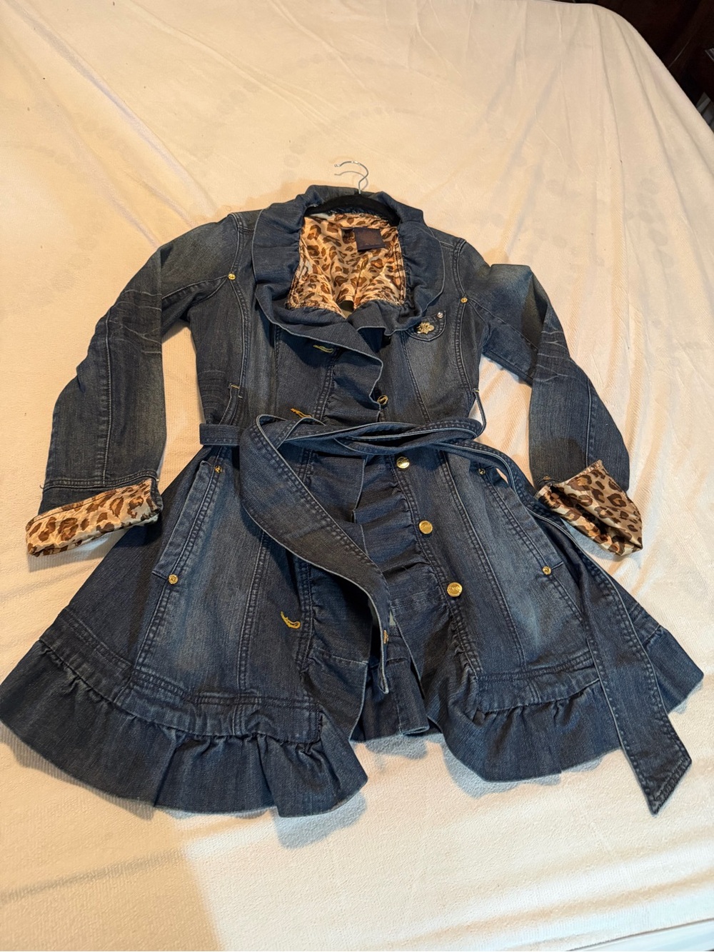 Dereon Blue Denim Trench Coat with Leopard Lining